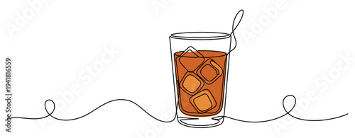 Glass of iced drink with ice cubes on white continuous line