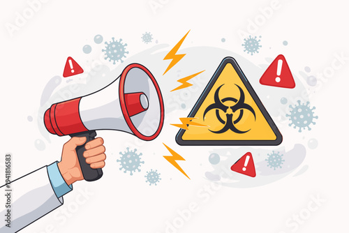 Vector illustration of a doctor's hand holding a megaphone to announce a biohazard alert and quarantine warning during a pandemic, featuring virus icons and emergency warning signs on white.