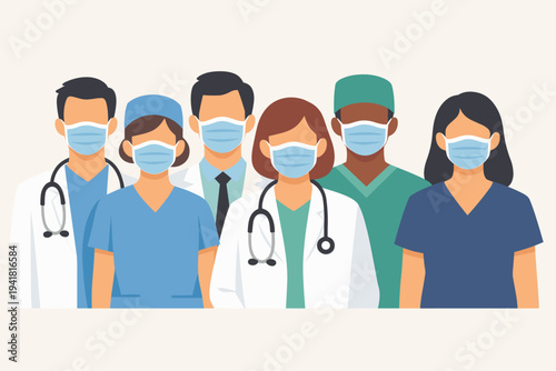 Diverse Group of Doctors and Nurses Wearing Medical Face Masks and Scrubs, Healthcare Professionals Team with Stethoscopes, Flat Vector Illustration of Frontline Hospital Staff and Medical Workers