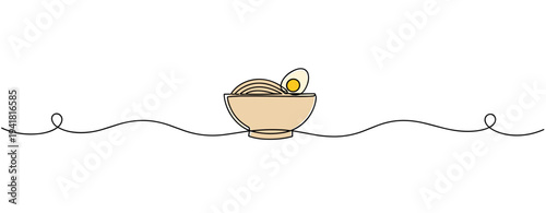 Bowl of noodle soup with egg on simple white background
