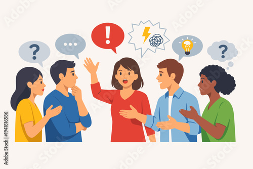 Diverse Group of People Communicating and Brainstorming; Woman in Red Raising a Problem with an Exclamation Mark while Others Express Confusion, Ideas, and Questions in Flat Vector Illustration.