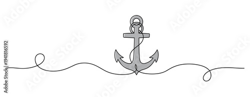 Anchor floating on wavy line in minimalist white space