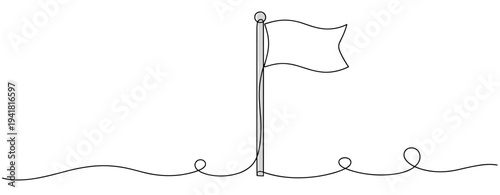 Flag on pole waving along continuous line on white background