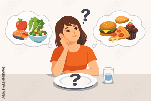Vector Illustration of a Woman Sitting at a Table with an Empty Plate, Thinking and Choosing Between Healthy Nutrition Options Like Salad and Salmon Versus Unhealthy Junk Food and Sweets.