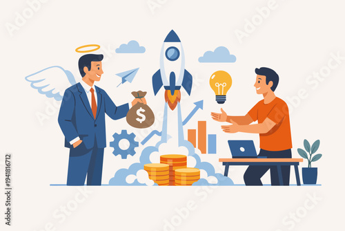 Angel Investor Providing Capital and Funding to a Startup Entrepreneur for Small Business Growth, Flat Vector Illustration of Venture Capitalist Supporting Innovation with Money Bag and Rocket.