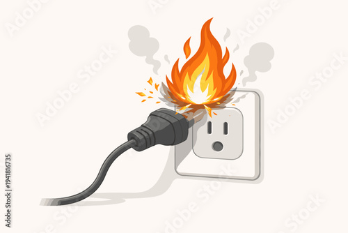 Vector Illustration of an Electric Faulty Outlet and Plug on Fire from a Short Circuit with Sparks and Smoke, Representing Electrical Hazard, House Fire Risk, and Home Safety Warning Concept