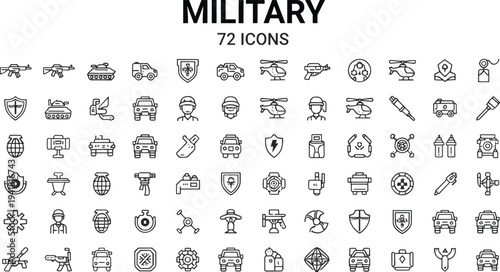 Military icons collection, rifles, tanks, helicopters, drones, grenades, missiles, soldiers, shields, armored vehicles, tactical gear, defense, security