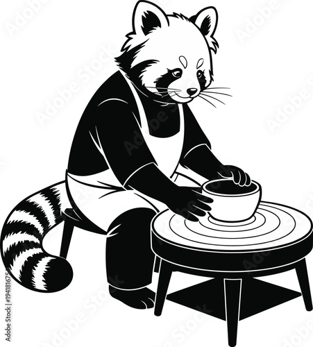 Red panda working on pottery wheel with clay apron black and white