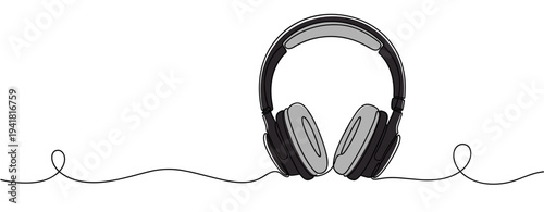 Over ear headphones resting on continuous line surface illustration