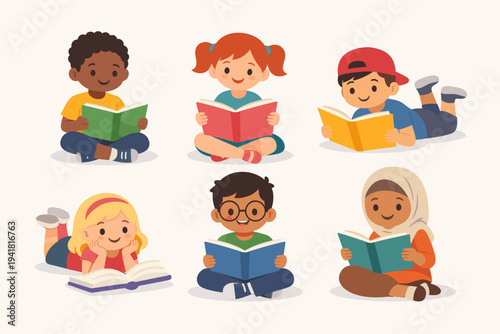 Diverse group of happy children reading books, multi-ethnic kids sitting and lying down with open books, flat vector illustration of boys and girls enjoying literature, education and literacy concept.