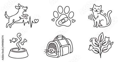 Minimalist line art collection featuring cats with flourishing tree moon and eco house on a transparent background.