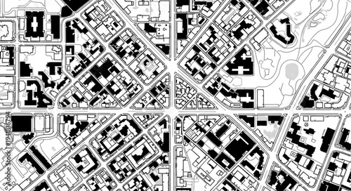 Aerial View of Urban Cityscape with Intricate Street Layout.