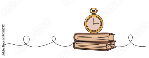 Pocket watch resting on stack of books over continuous line