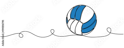 Blue and white volleyball placed on white background line drawing