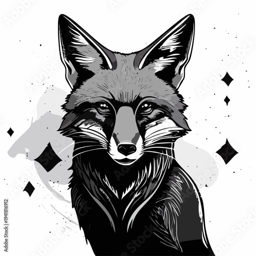 Black and white fox portrait closeup.