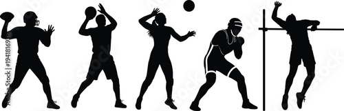 Athlete silhouettes vector illustration showing football basketball volleyball boxing high jump, sports activity, physical training, fitness performance, competitive athletic movement design graphic