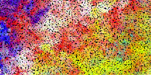 Vibrant abstract pointillist artwork with a dense scattering of colorful dots in red yellow blue purple and green on black background