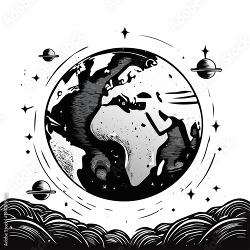 Black and white earth planet illustration.