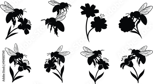 Bee and flower silhouette illustration, pollination vector design, black and white insect art for nature, ecology, environment, biodiversity, sustainability