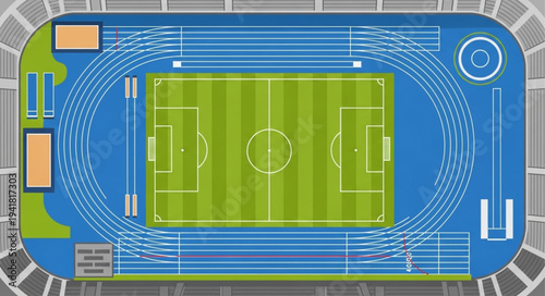 Aerial View of a Sports Stadium with Running Track and Field.