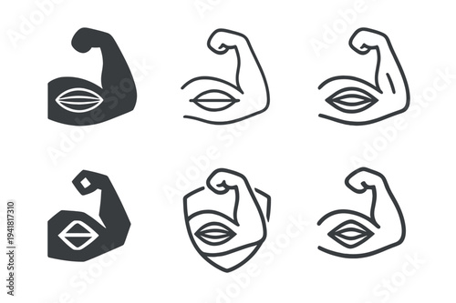 Muscle Movement Icons. How muscles move. Icon set. Set Logo of how muscles move: muscle flex diagram. harmonious logo variations of the same emblematic