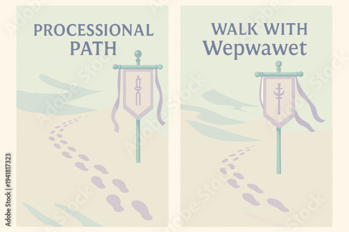 Desert Ceremonial Banners. Desert Procession. Two vertical A6 banners with safe margins, centered composition, no elements touching edges, pastel, pastel mint