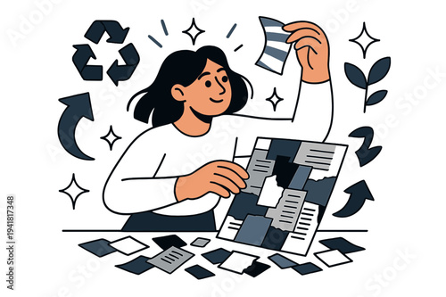 Eco Art Creation. Upcycling and creative reuse of materials. Person creating art from old magazines and paper scraps with abstract floating icons, arrows, and