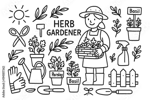Herb Gardening Tools. Herb gardener. Hand-drawn doodle illustration herb gardener pots, scissors, labels, herbs, watering can, gloves, basket,