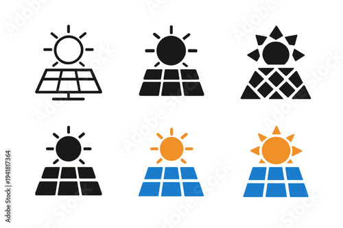 Solar Power Icons. Solar power. Icon set. Set Logo of Solar power: photovoltaic panel array. harmonious logo variations of the same emblematic concept, each