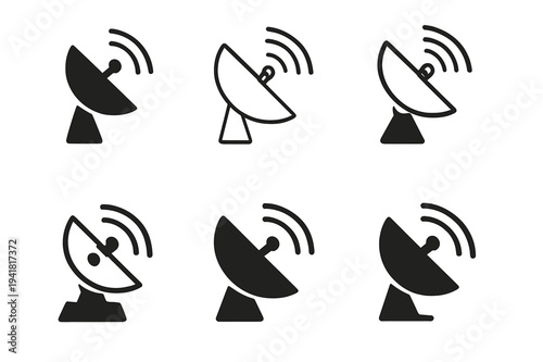 Mass Communication Logos. Mass communication theory. Icon set. Set Logo of mass communication theory: satellite dish transmitting waves. harmonious logo