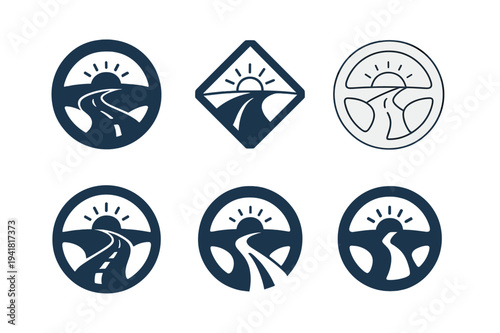Scenic Drive Icons. Road trips and scenic drives. Icon set. Set Logo of Road trips and scenic drives: steering wheel with horizon view. harmonious logo