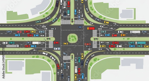 Aerial View of Busy City Intersection with Traffic.