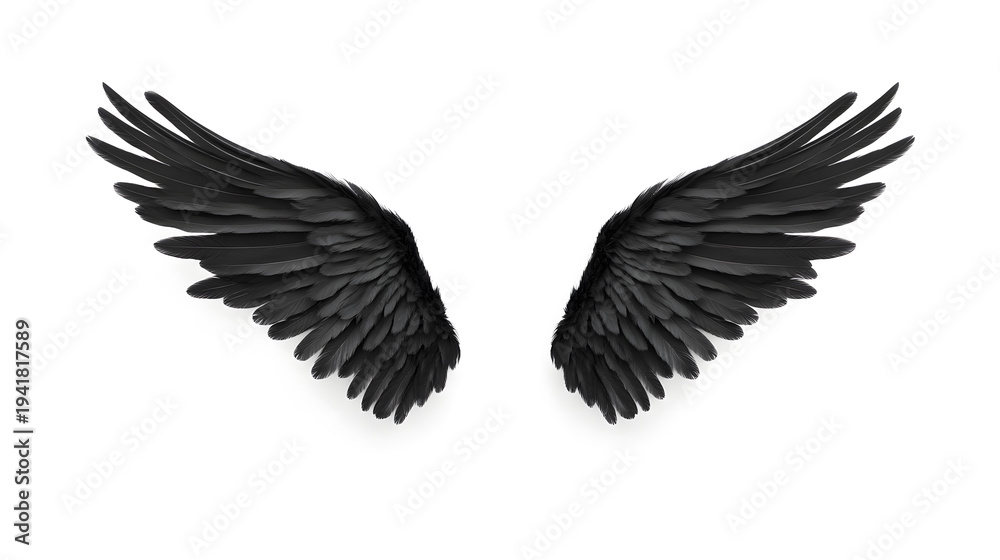 Obraz premium Black angel wings isolated on white background representing dark fantasy or gothic symbolism.