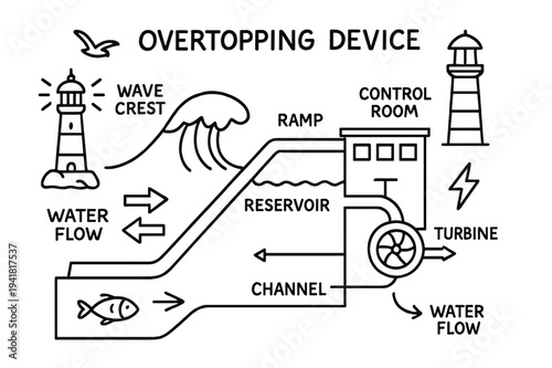 Overtopping Device Sketch. Overtopping device. Hand-drawn doodle illustration overtopping device ramp, reservoir, wave crest, turbine, generator, channel,