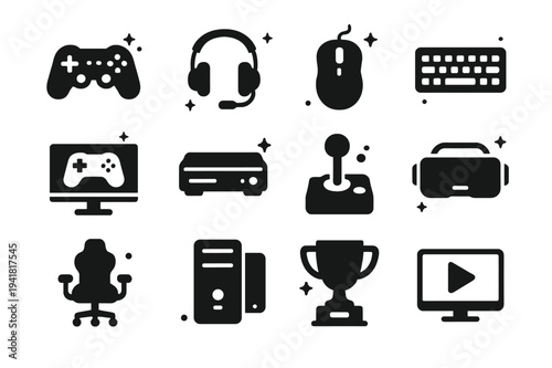 Gaming Icon Collection. Gaming. Solid icons set of Gaming: game controllers, headsets, gaming mice, keyboards, monitors, consoles, joysticks, virtual reality