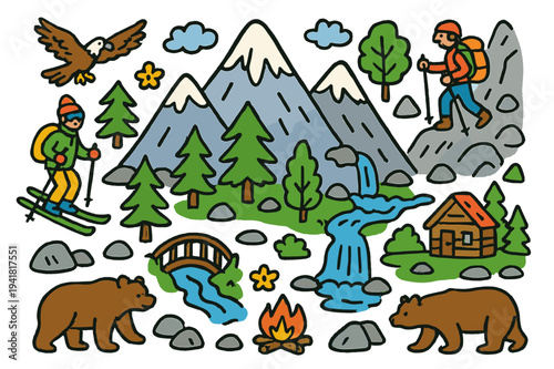 Vibrant Mountain Adventure. Mountain. Colorful Hand-drawn doodle Children illustration Mountain peaks, trees, rocks, snow, skiers, hikers, climbers, bears,