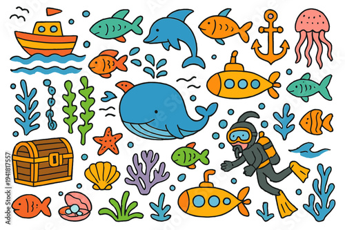 Vibrant Underwater Adventure. Underwater world. Colorful Hand-drawn doodle Children illustration underwater world fish, dolphins, whales, sharks, seaweed,