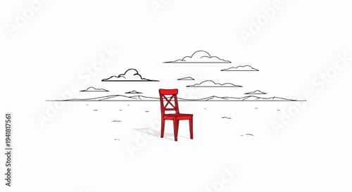 Red chair sits alone in a minimalist landscape under a cloudy sky