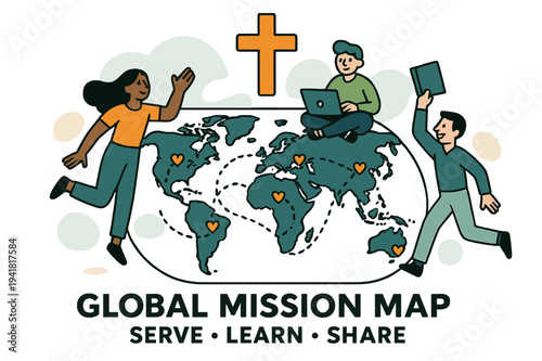 Global Mission Map. Global Mission Map. A gentle cross icon sits above a world map with dotted flight paths; small hearts mark partner communities. Text reads