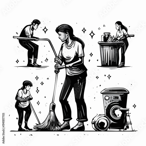 Family cleaning together at home.