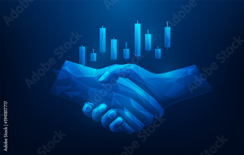 business handshake agreement and graph stock finance blue background. deal agreements partner success. vector illustration fantastic low poly technology.