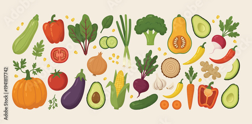 Hand drawn fruit and vegetable collection featuring watermelon pineapple tomatoes and more. Fresh Garden Food Illustration