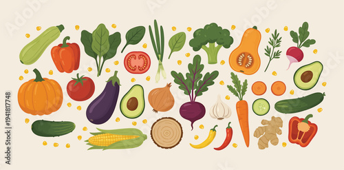 Hand drawn fruit and vegetable collection featuring watermelon pineapple tomatoes and more. Fresh Garden Food Illustration