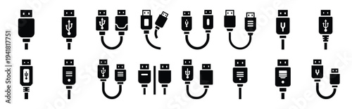 hdmi cable technology web icon set in silhouette style.