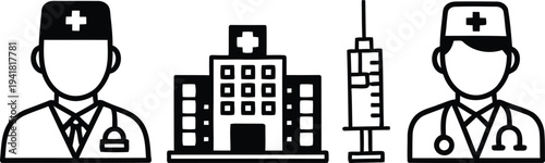 Medical professionals and hospital icon set