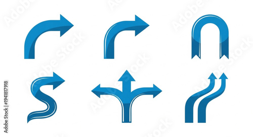 Set of Blue Directional Arrows with Various Shapes and Styles.