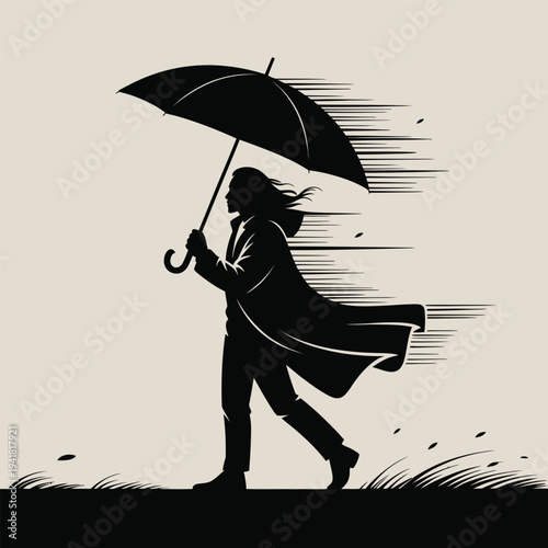 Man walking with umbrella in windy weather, coat blowing, side profile silhouette artwork