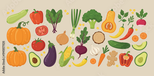 Hand drawn fruit and vegetable collection featuring watermelon pineapple tomatoes and more. Fresh Garden Food Illustration