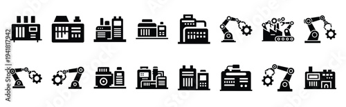 industrial automation technology web icon set in silhouette style.