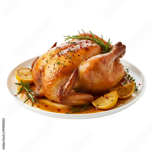 Delicious whole roasted chicken on a white plate isolated against a white background, a tasty cooked poultry dish perfect for a festive Christmas or Thanksgiving dinner meal